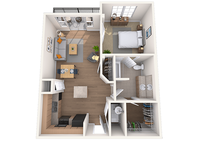 Floor plan for 1 bed, 1 bath, 899 sqft