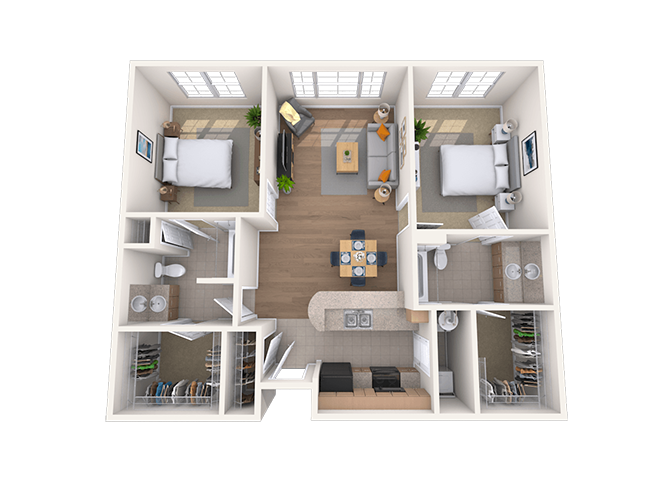 Floor plan for 2 beds, 2 baths, 1368 sqft