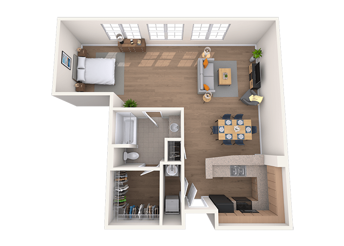 Floor plan for studio, 1 bath, 882 sqft
