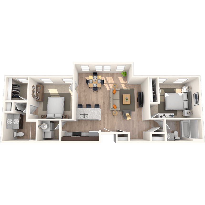 Floor plan for 2 beds, 2 baths, 956 sqft