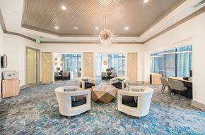 Raleigh apartment for rent - a lounge area with chairs and a table and a chandelier