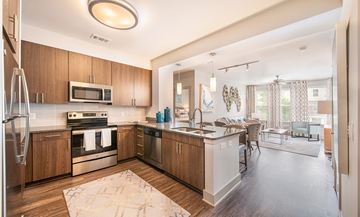 Raleigh apartment for rent - a kitchen with stainless steel appliances and wooden cabinets