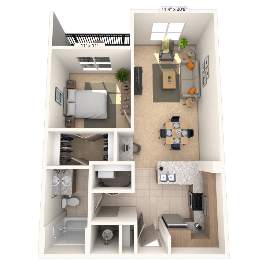 Floor plan for 1 bed, 1 bath, 688 sqft