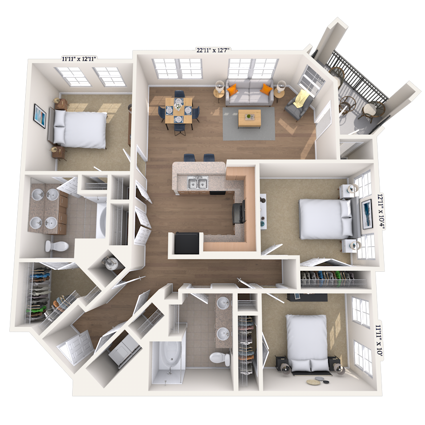Floor plan for 3 beds, 2 baths, 1405 sqft