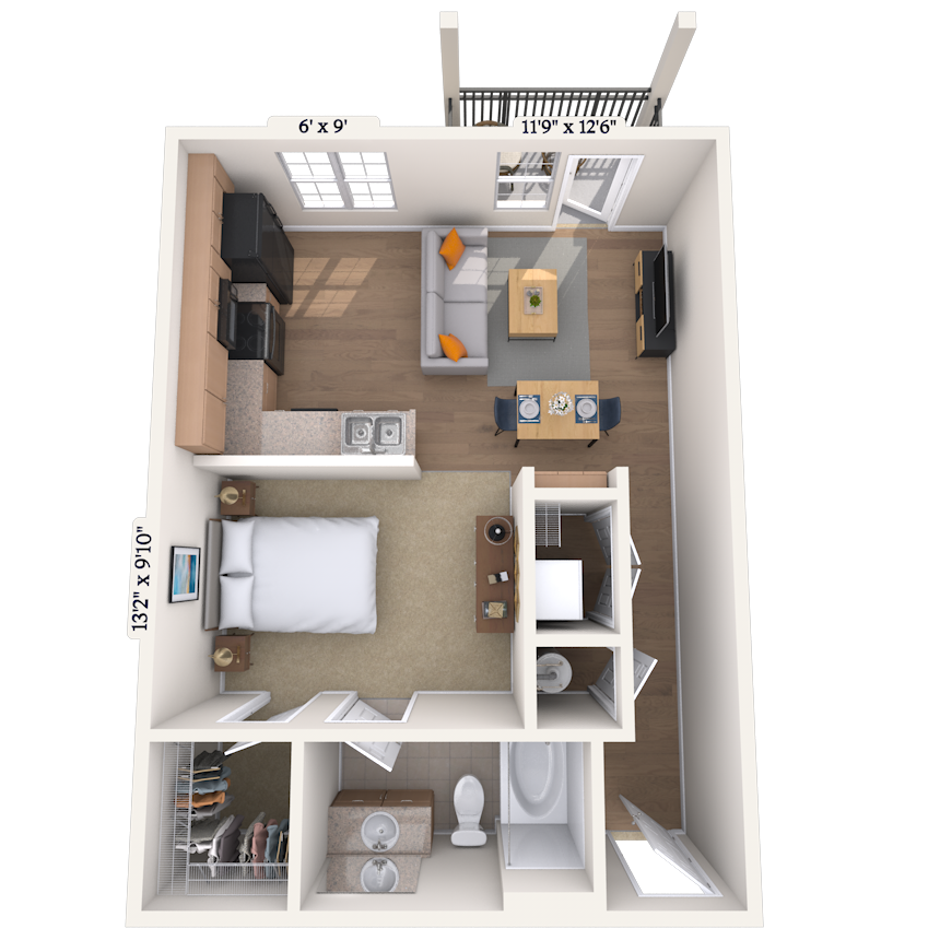 Floor plan for studio, 1 bath, 631 sqft