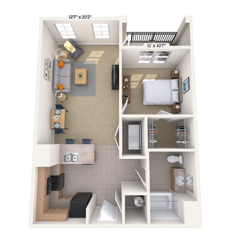 Floor plan for 1 bed, 1 bath, 760 sqft
