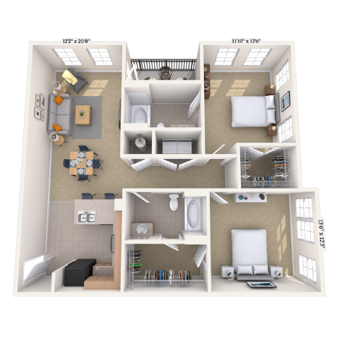 Floor plan for 2 beds, 2 baths, 1144 sqft