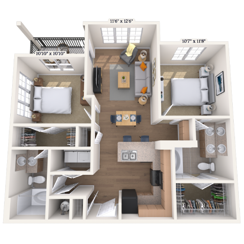 Floor plan for 2 beds, 2 baths, 1015 sqft