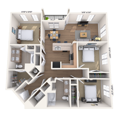 Floor plan for 3 beds, 2 baths, 1374 sqft