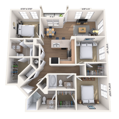 Floor plan for 3 beds, 3 baths, 1459 sqft