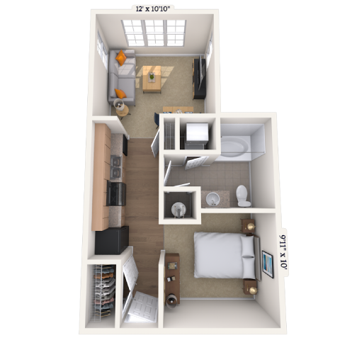 Floor plan for studio, 1 bath, 616 sqft