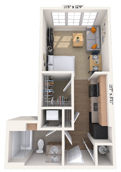 Floor plan for studio, 1 bath, 394 sqft