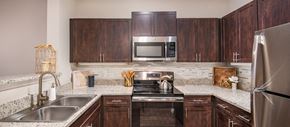 Orlando apartment for rent - an updated kitchen with stainless steel appliances and wooden cabinets
