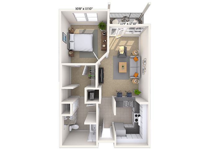 Floor plan for 1 bed, 1 bath, 709 sqft