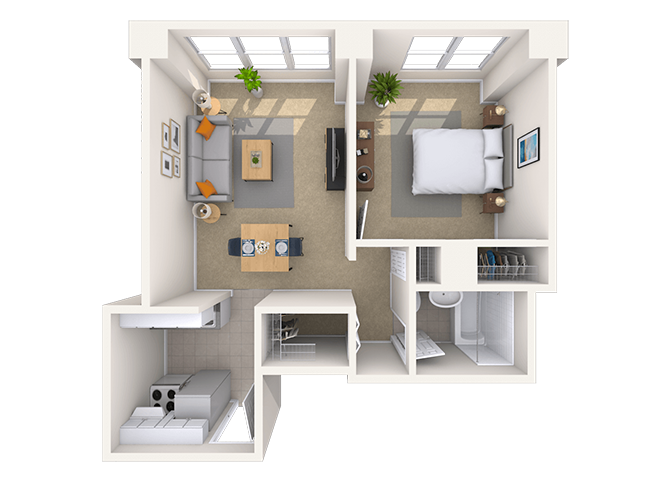Floor plan for 1 bed, 1 bath, 650 sqft