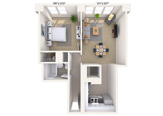 Floor plan for 1 bed, 1 bath, 680 sqft