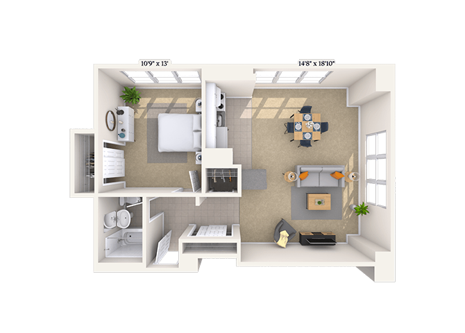 Floor plan for 1 bed, 1 bath, 744 sqft