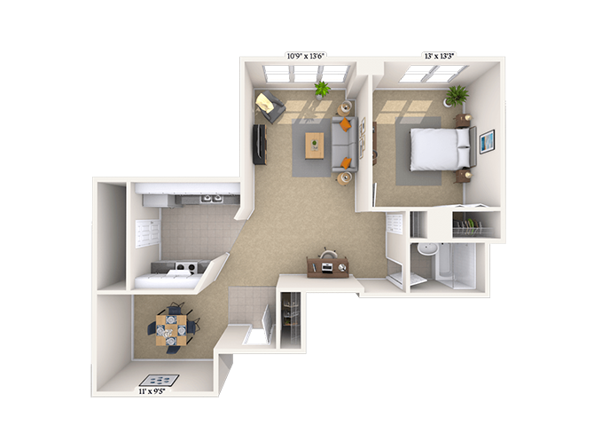 Floor plan for 1 bed, 1 bath, 845 sqft