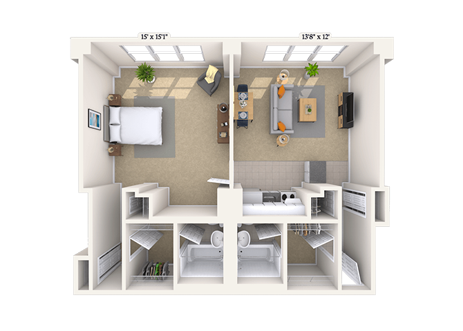Floor plan for 1 bed, 1 bath, 929 sqft