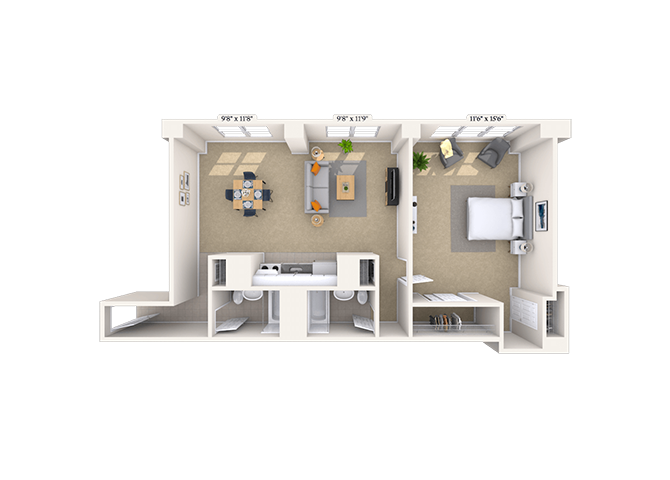 Floor plan for 1 bed, 2 baths, 996 sqft