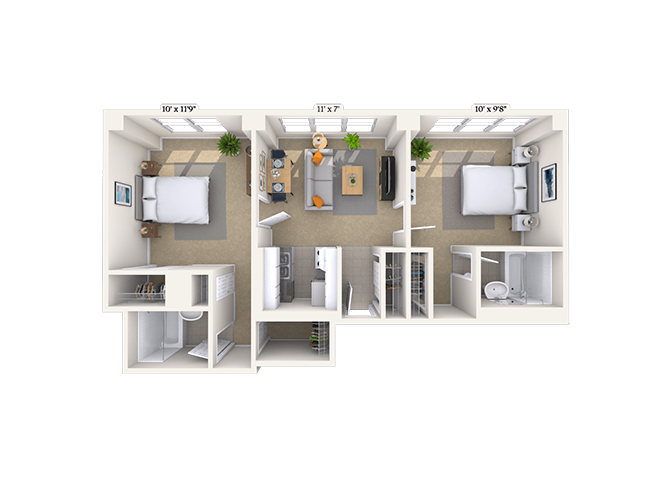 Floor plan for 2 beds, 2 baths, 805 sqft