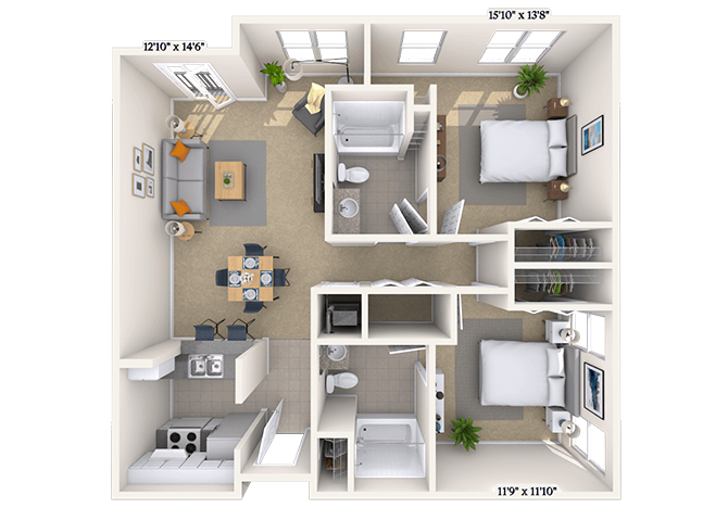 Floor plan for 2 beds, 2 baths, 1071 sqft
