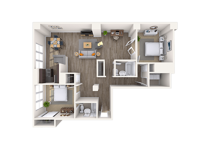 Floor plan for 2 beds, 2 baths, 1365 sqft
