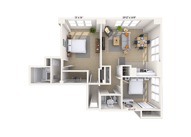 Floor plan for 2 beds, 2 baths, 1168 sqft