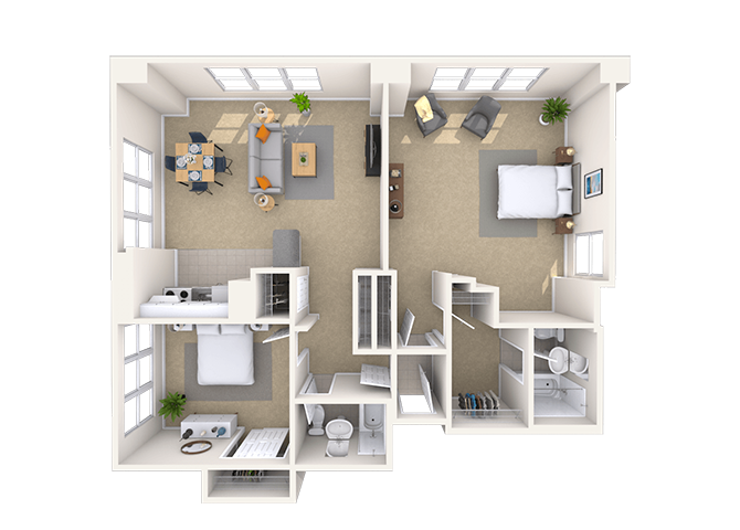 Floor plan for 2 beds, 2 baths, 1235 sqft
