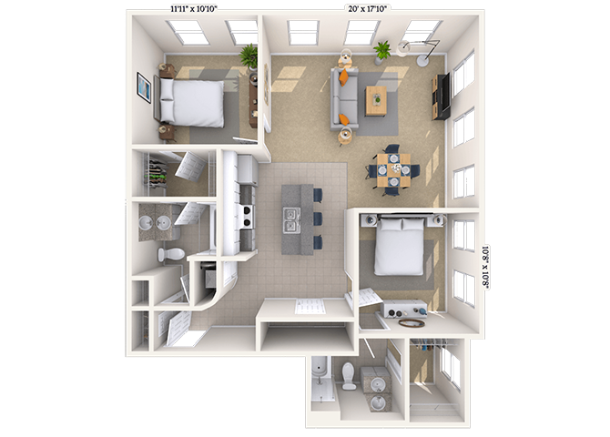 Floor plan for 2 beds, 2 baths, 1150 sqft