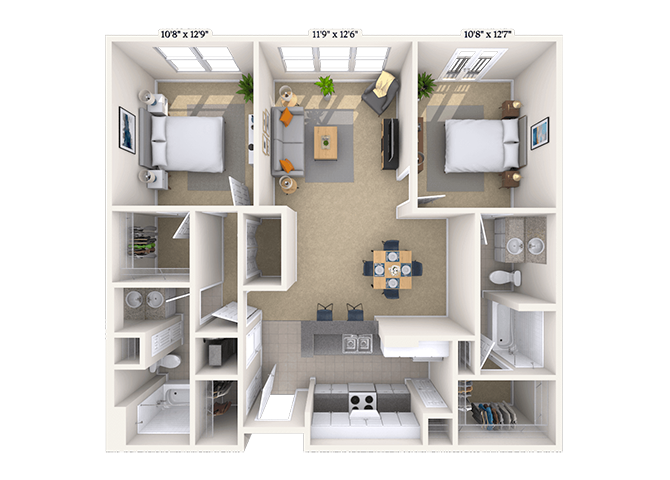 Floor plan for 2 beds, 2 baths, 1115 sqft