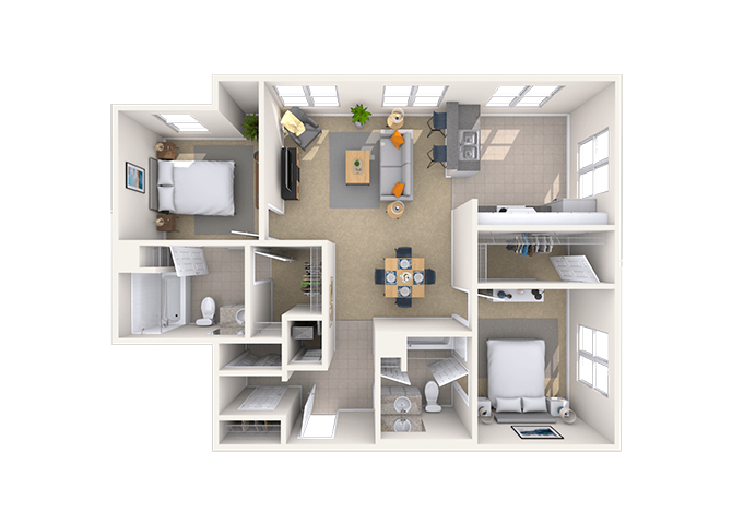 Floor plan for 2 beds, 2 baths, 1114 sqft