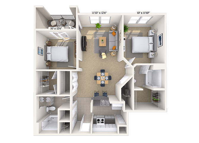 Floor plan for 2 beds, 2 baths, 1012 sqft