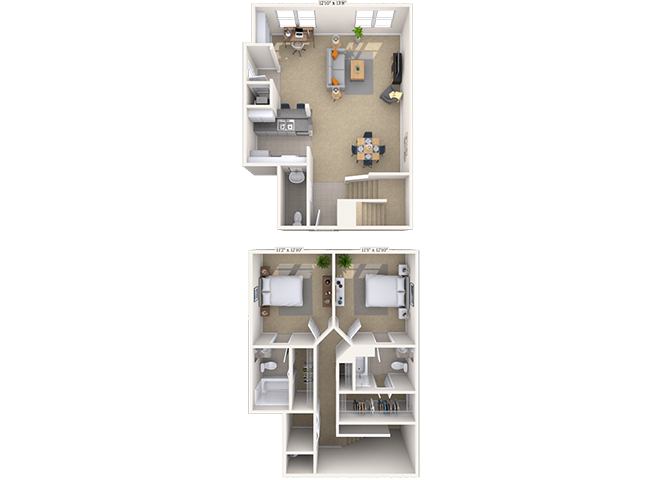 Floor plan for 2 beds, 2.5 baths, 1368 sqft