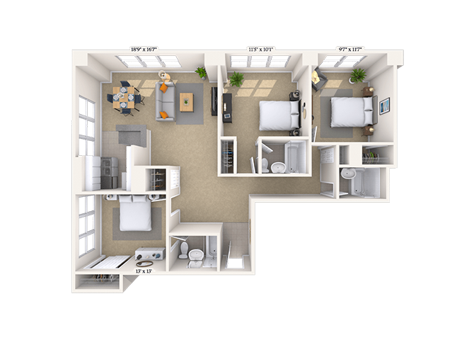 Floor plan for 3 beds, 3 baths, 1364 sqft