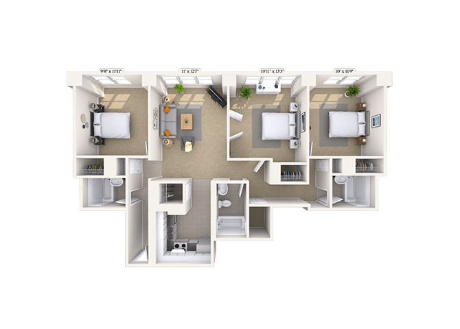 Floor plan for 3 beds, 3 baths, 1306 sqft