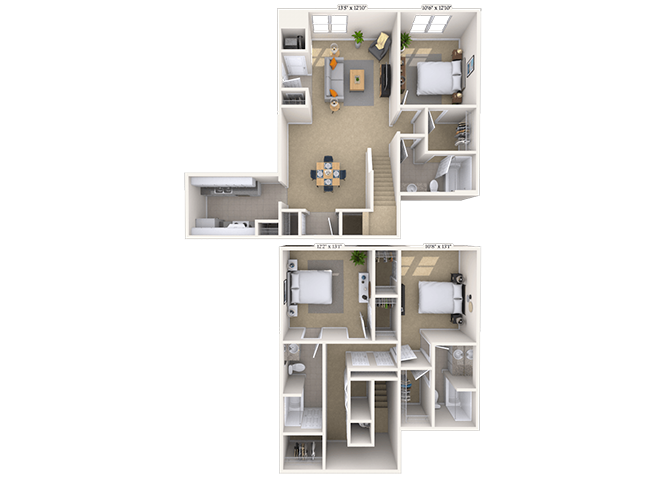 Floor plan for 3 beds, 3 baths, 1955 sqft