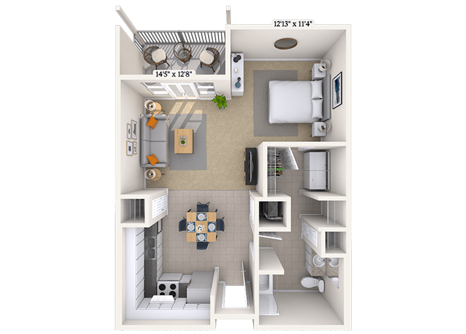 Floor plan for studio, 1 bath, 713 sqft