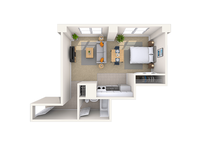 Floor plan for studio, 1 bath, 490 sqft