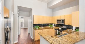 Orlando apartment for rent - a kitchen with granite counter tops and wooden cabinets