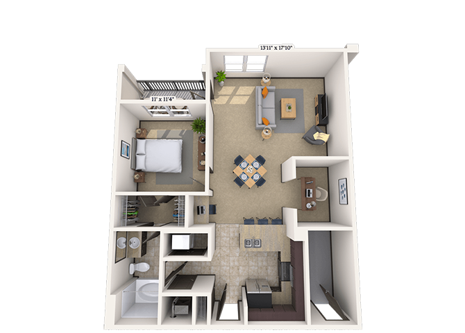 Floor plan for 1 bed, 1 bath, 885 sqft