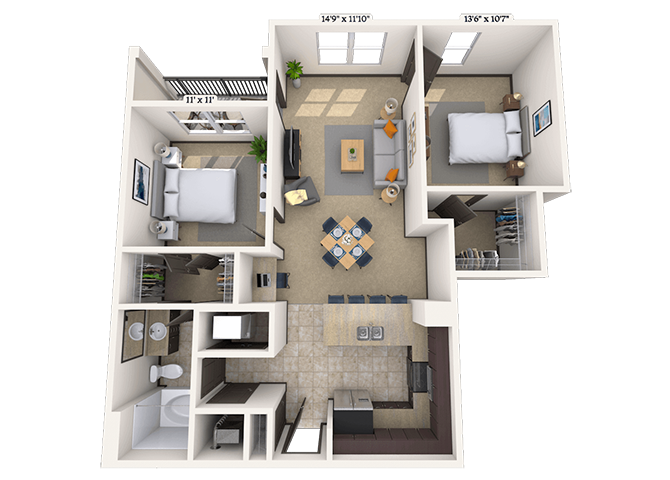 Floor plan for 2 beds, 1 bath, 984 sqft