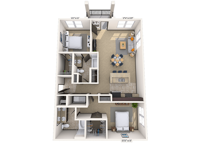 Floor plan for 2 beds, 2 baths, 1173 sqft