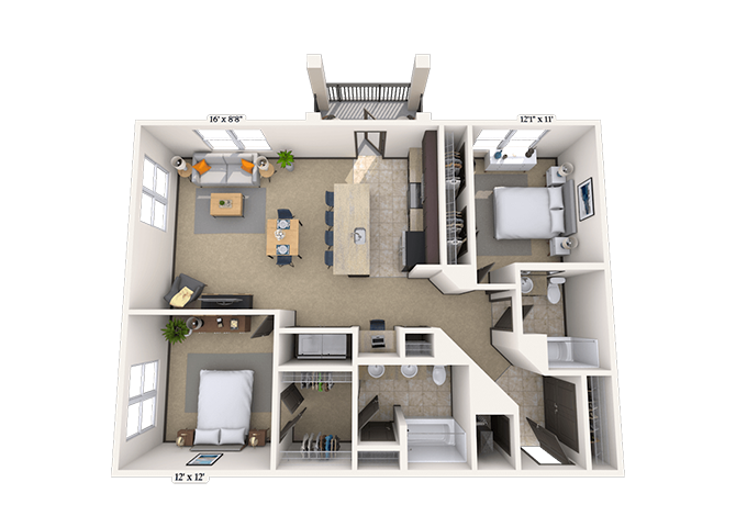 Floor plan for 2 beds, 2 baths, 1164 sqft