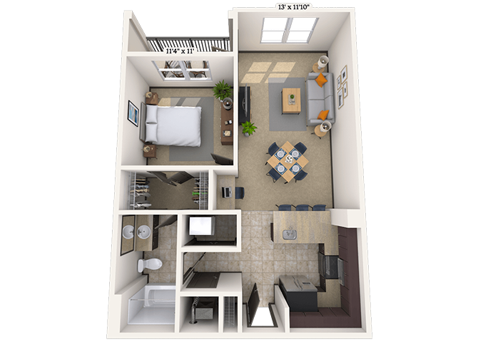 Floor plan for 1 bed, 1 bath, 790 sqft
