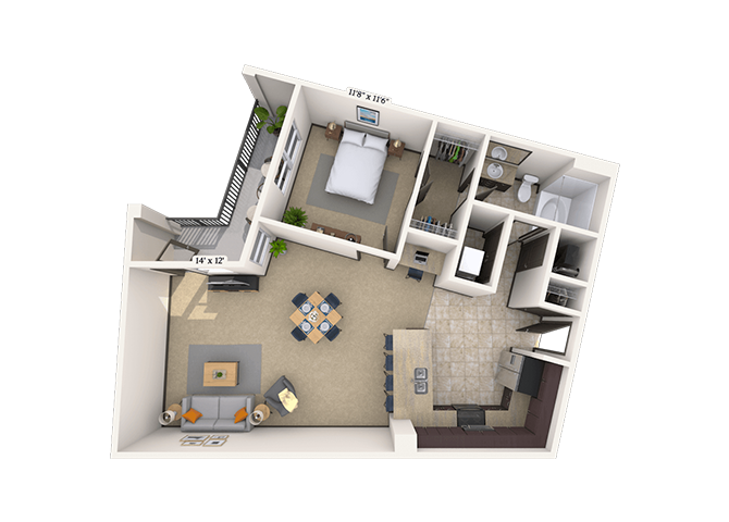 Floor plan for 1 bed, 1 bath, 874 sqft