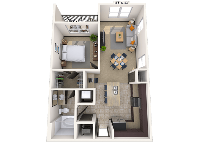Floor plan for 1 bed, 1 bath, 692 sqft