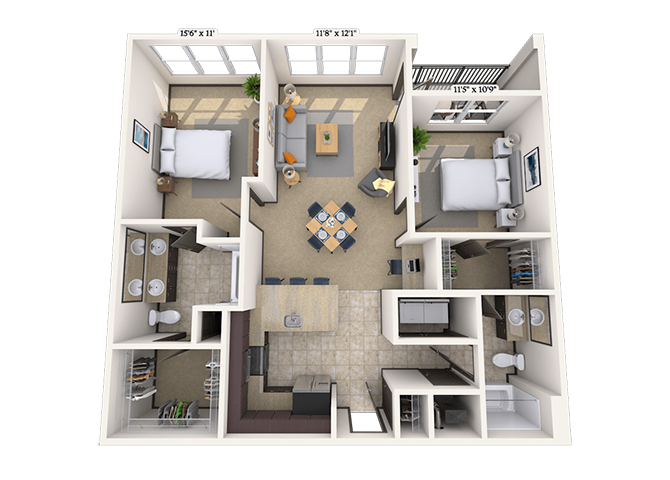 Floor plan for 2 beds, 2 baths, 1185 sqft