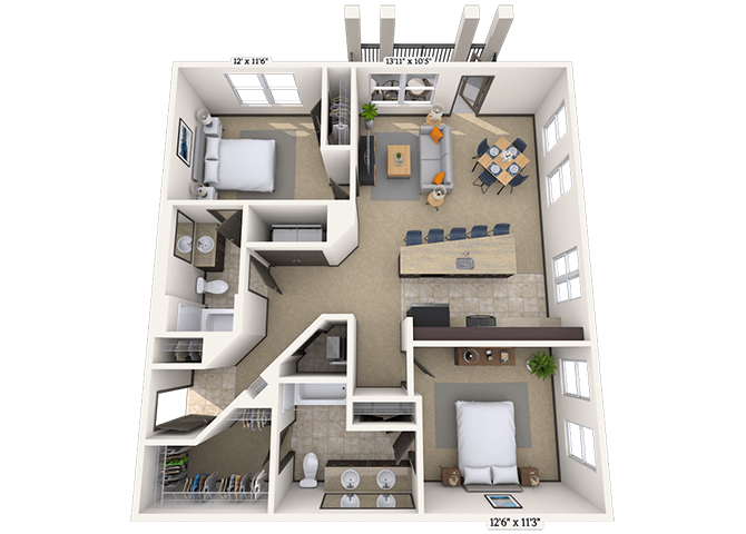 Floor plan for 2 beds, 2 baths, 1158 sqft