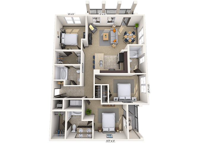 Floor plan for 3 beds, 3 baths, 1376 sqft
